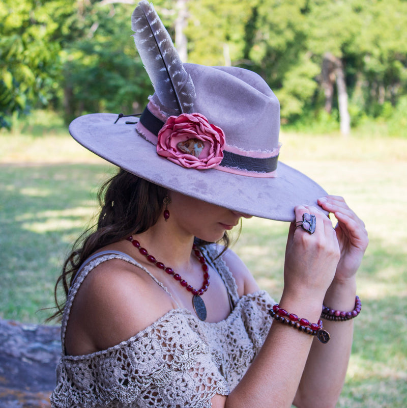 Leather Hat Band w/ Silk Flower & Feathers-Rose (Band Only) 952w