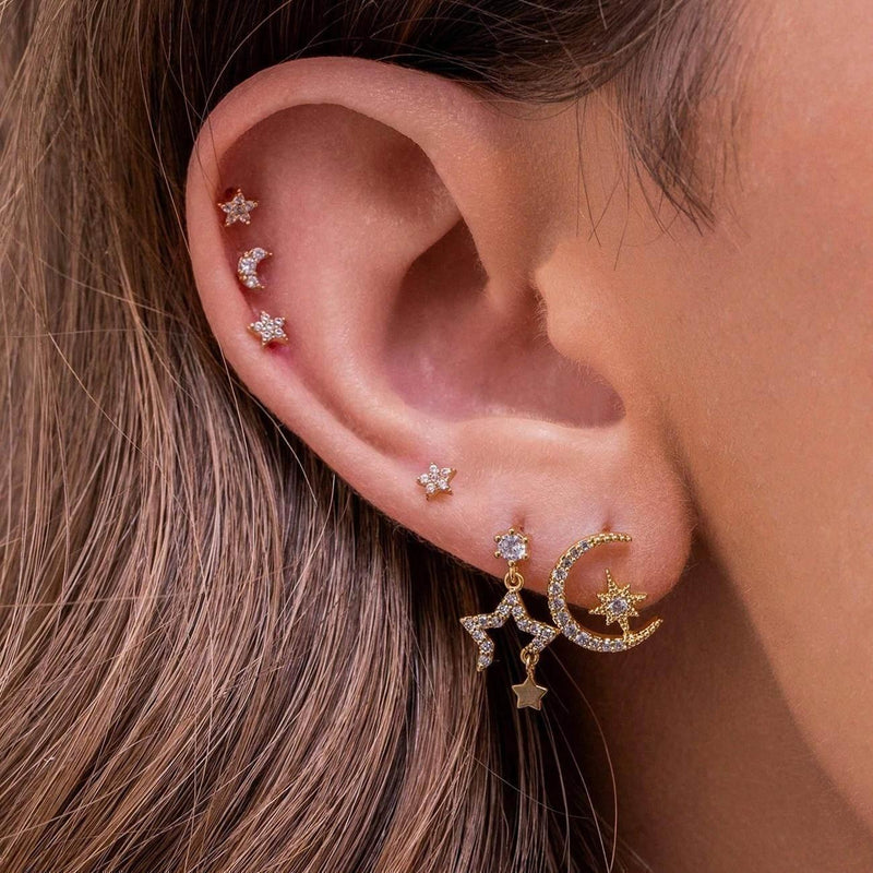 Stacking 4 Pieces Teardrop Elegance Earring Set, 18k Gold Stud Drop Hoop, S925 Needle, Stacked Lobe Designs with Dazzling Zirconia