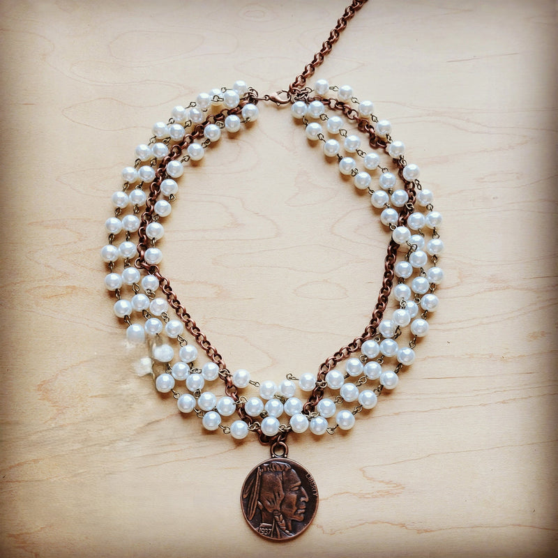 Pearl and Copper Collar-Length Necklace with Indian Coin 255w