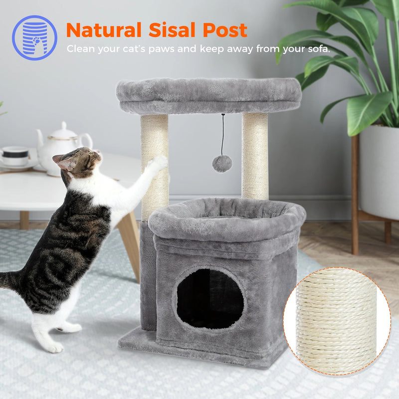 Cozy Gray Cat Tree Condo - 27" Multi-Level Tower with Spacious Perch and Scratching Posts for Kittens and Medium Cats