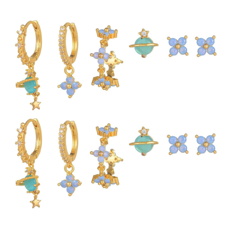 Stacking 6 Pieces Blue Flower Pierced Earring Set with Zircon, 18k Gold Plated Ear Studs and Ear Drops, Women's Fashion Jewelry for Party Daily Stacked Lobe Earrings