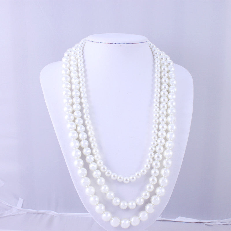 Vintage Pearl Necklace Creamy White 3 Strand Statement Necklace Layered