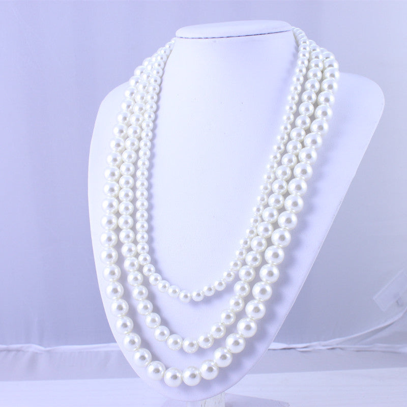 Vintage Pearl Necklace Creamy White 3 Strand Statement Necklace Layered