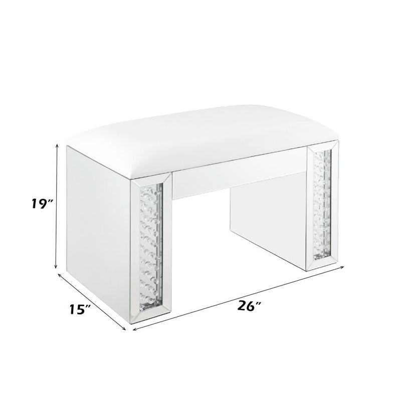 Nysa - Vanity Stool - Ivory Synthetic Leather , Mirrored & Faux Crystals