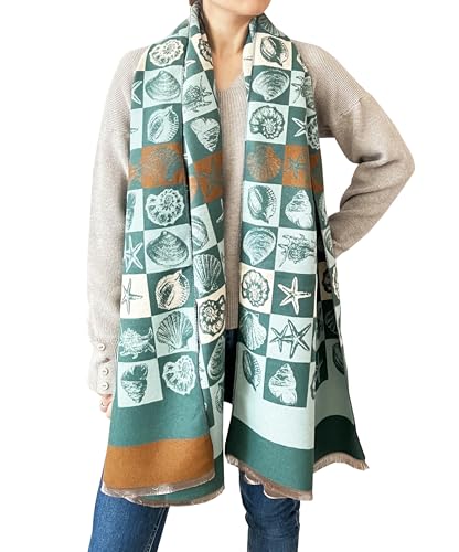 stylesilove Women Seashell and Starfish Design Fringe Cashmere Scarf Warm Ultra Soft Scarves Shawl Neck Wraps