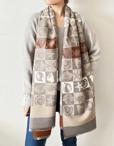 stylesilove Women Seashell and Starfish Design Fringe Cashmere Scarf Warm Ultra Soft Scarves Shawl Neck Wraps