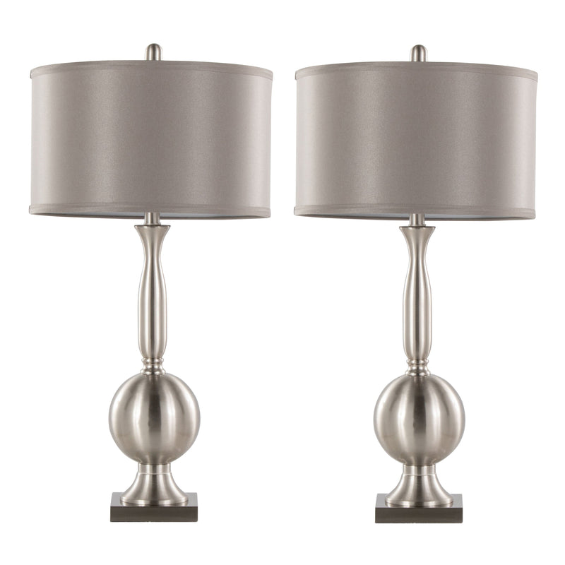 Joan 30" Contemporary Metal Table Lamp Set in Brushed Nickel with Grey Satin Shade - Set of 2