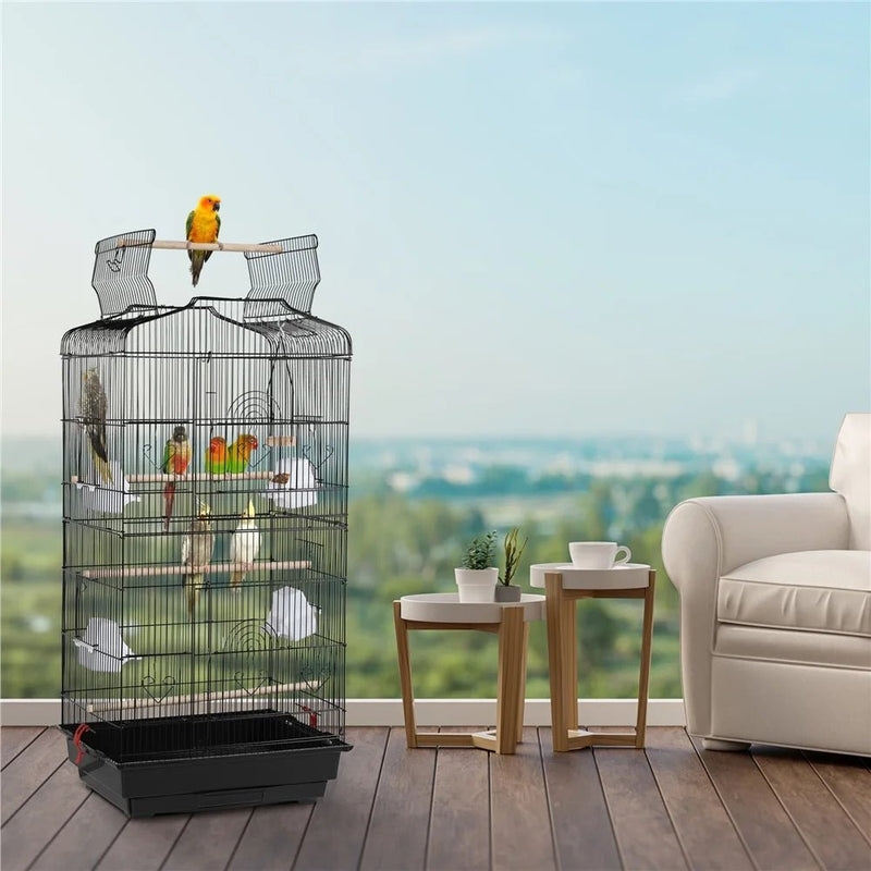 41''H Open Top Metal Birdcage with Slide-Out Tray and Feeders, Black