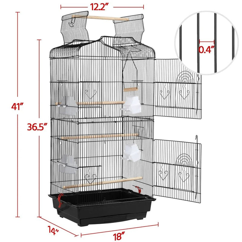 41''H Open Top Metal Birdcage with Slide-Out Tray and Feeders, Black