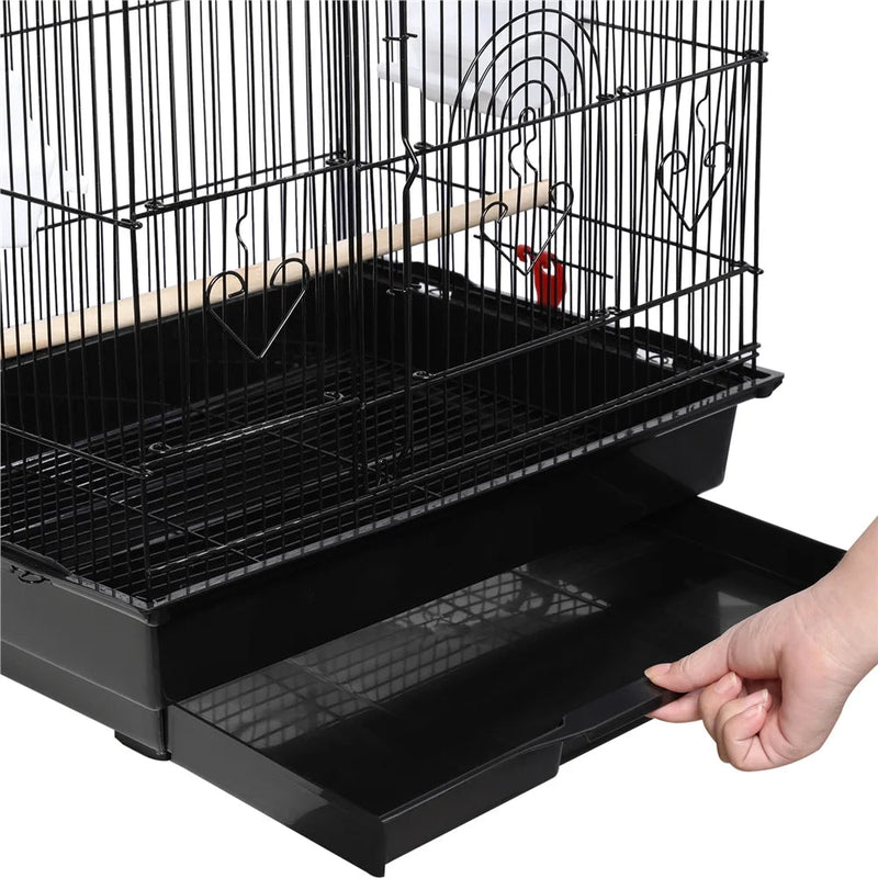 41''H Open Top Metal Birdcage with Slide-Out Tray and Feeders, Black