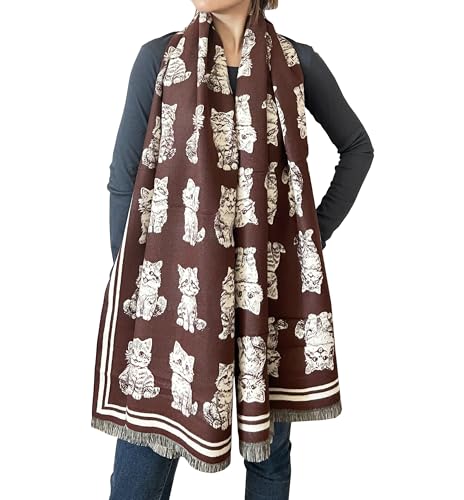 stylesilove Women Cute Kitten Print Cashmere Scarf Warm Ultra Soft Fringe Scarves Shawl Neck Wraps for Autumn and Winter