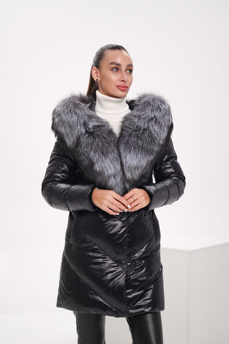 Genuine Silver Fox Fur Down Fill Coat