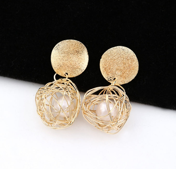 Vintage Geometric Earrings Simple Woven Ball Pearl Stud Earrings