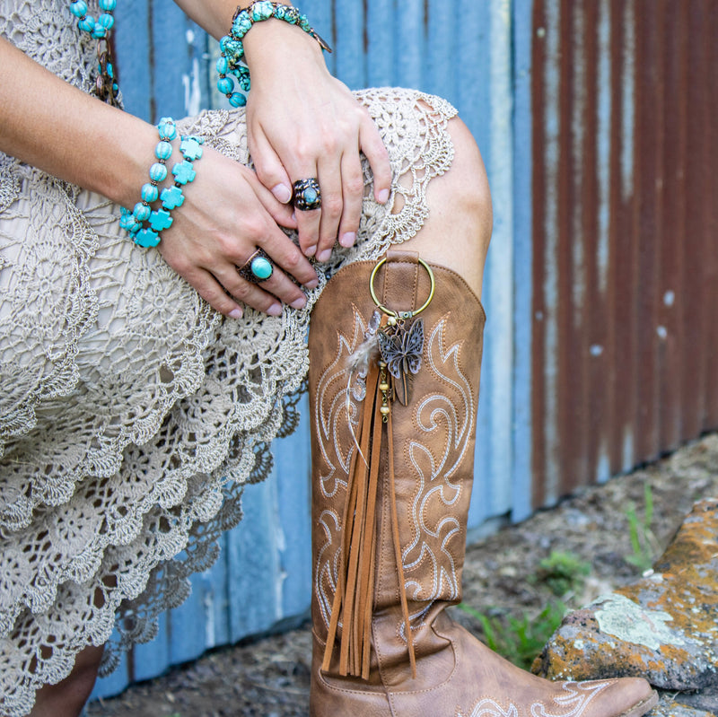 Boho Western Leather Boot Bling Charm Peacock & Butterfly 500i