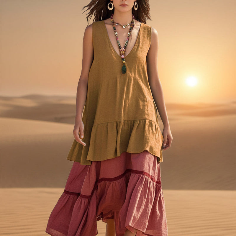 Women's Sleeveless Color-Block Patchwork Maxi Dress – V-Neck