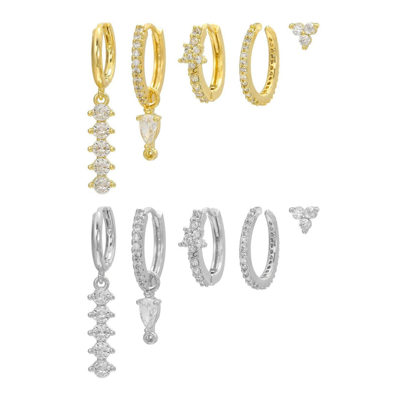 Stacking 5 Pieces Simple Clover Single-Row Serrated Ear Cuff Earring Set, 18k Gold-Plated  Teardrop Zircon Earrings, S925 Needle, Stacked Lobe Designs with Dazzling Zirconia