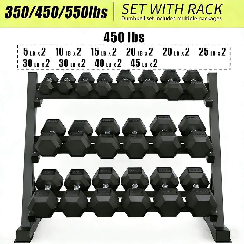 Rovix 450-Pounds Rubber Hex Dumbbell Set With Rack (SAK90714)