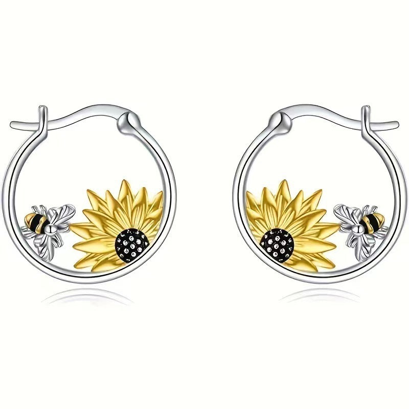 Sunflower Bee Round Ring Earrings Color Meiko