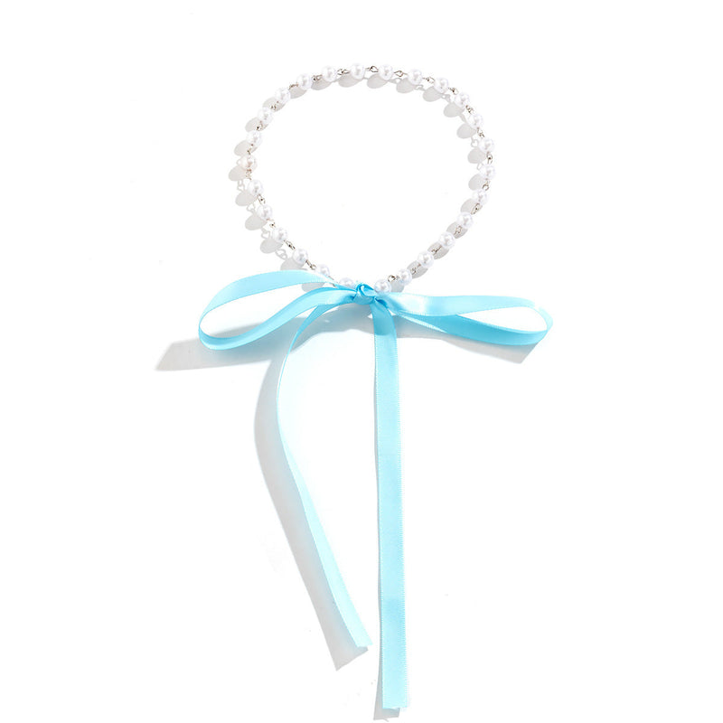 Elegant Pearl Bow Knot Choker Necklace Long Ribbon