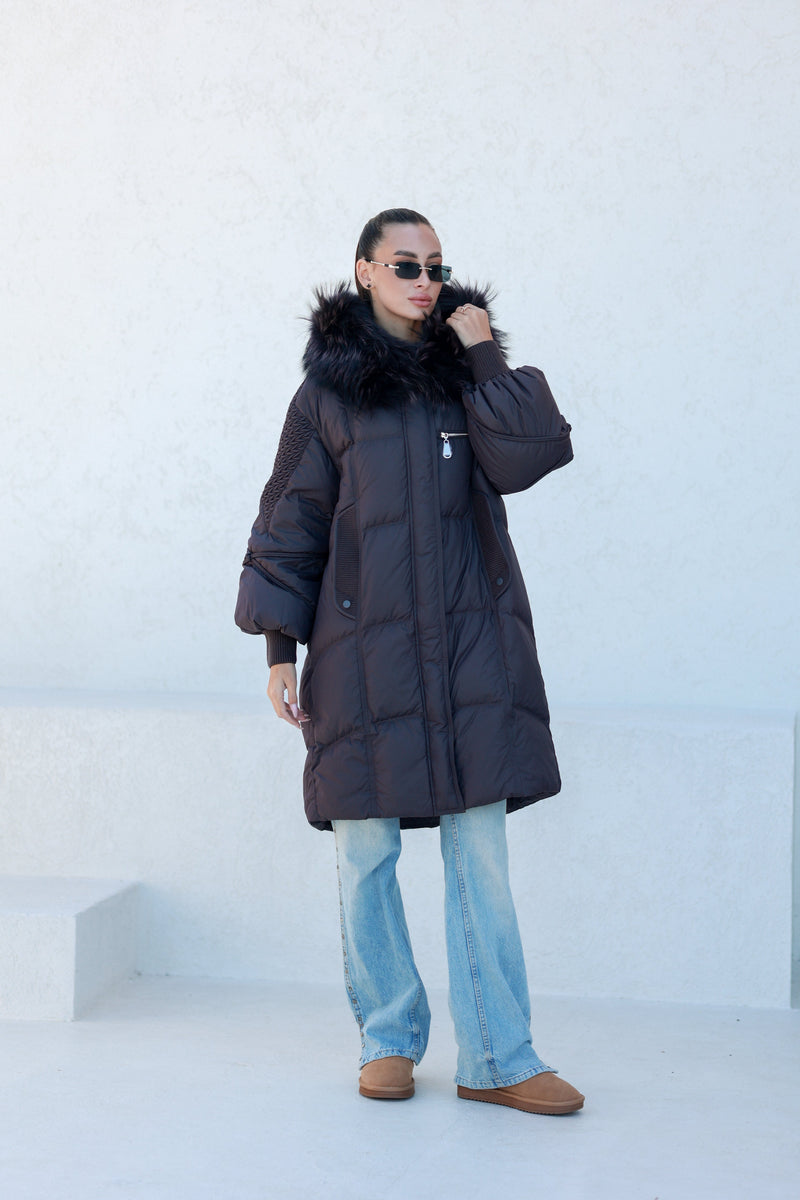 Dakota Genuine Fur Trim Down Fill Coat in Fig