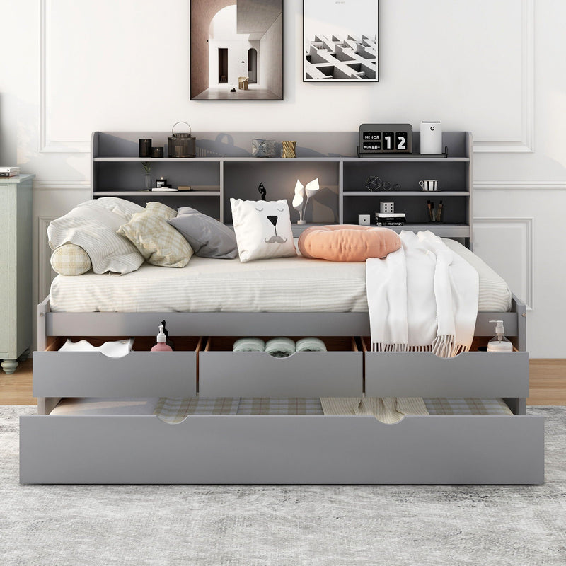 Captain Bed With Built In Bookshelves, 3 Storage Drawers, And Trundle