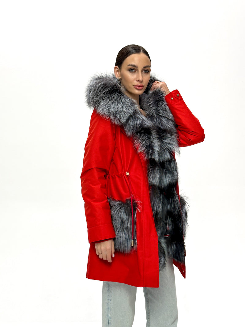 Roma Genuine Silver Fox Fur Rabbit Fur Insulated Parka in Red