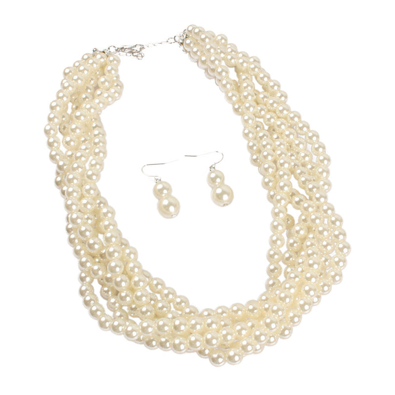 Multilayer Imitation Pearl Earhook Beaded Necklace Short Jewelry Set