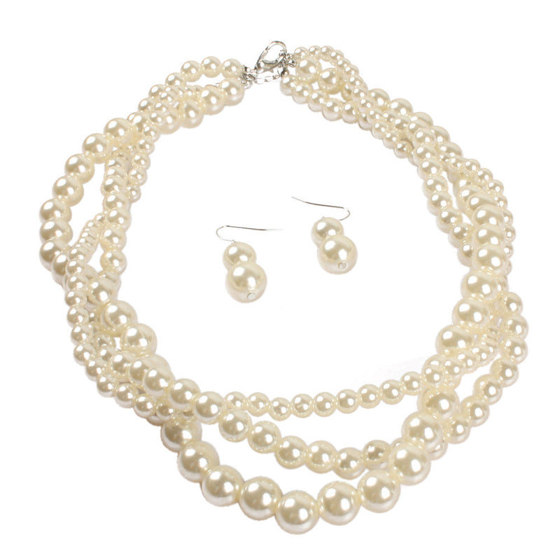White Pearl Necklace Womens Multi Strand Pearl Choker Necklace Jewelry Set