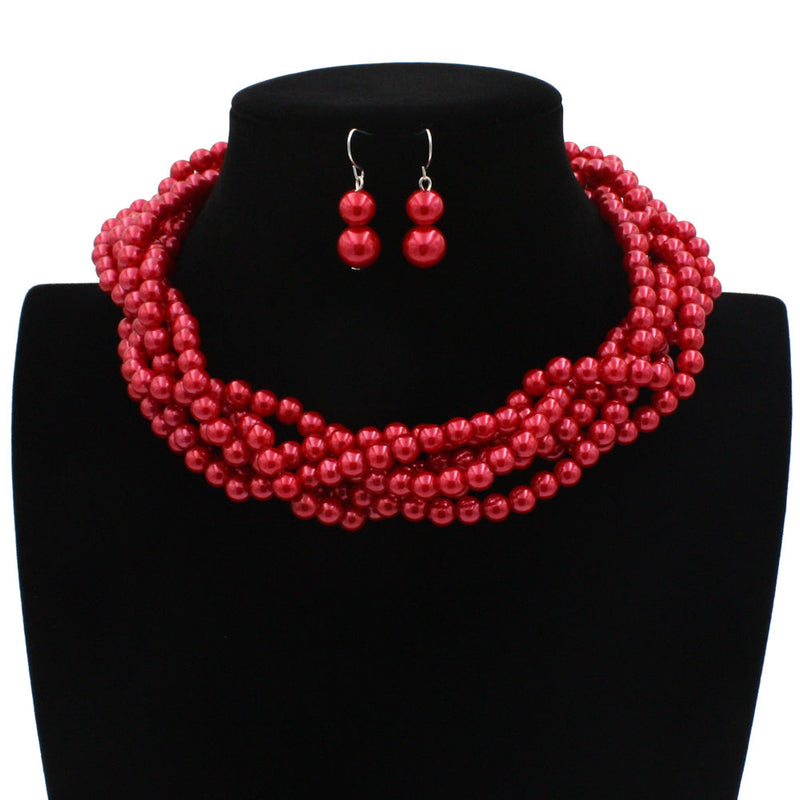 Multilayer Imitation Pearl Earhook Beaded Necklace Short Jewelry Set