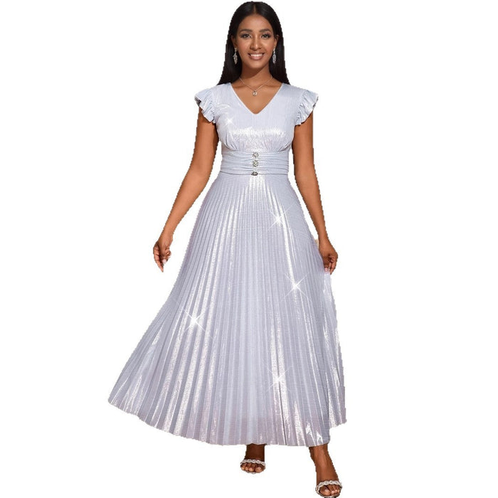 High Waist Crimp Elegant 5 New Style Silver V-neck Dress