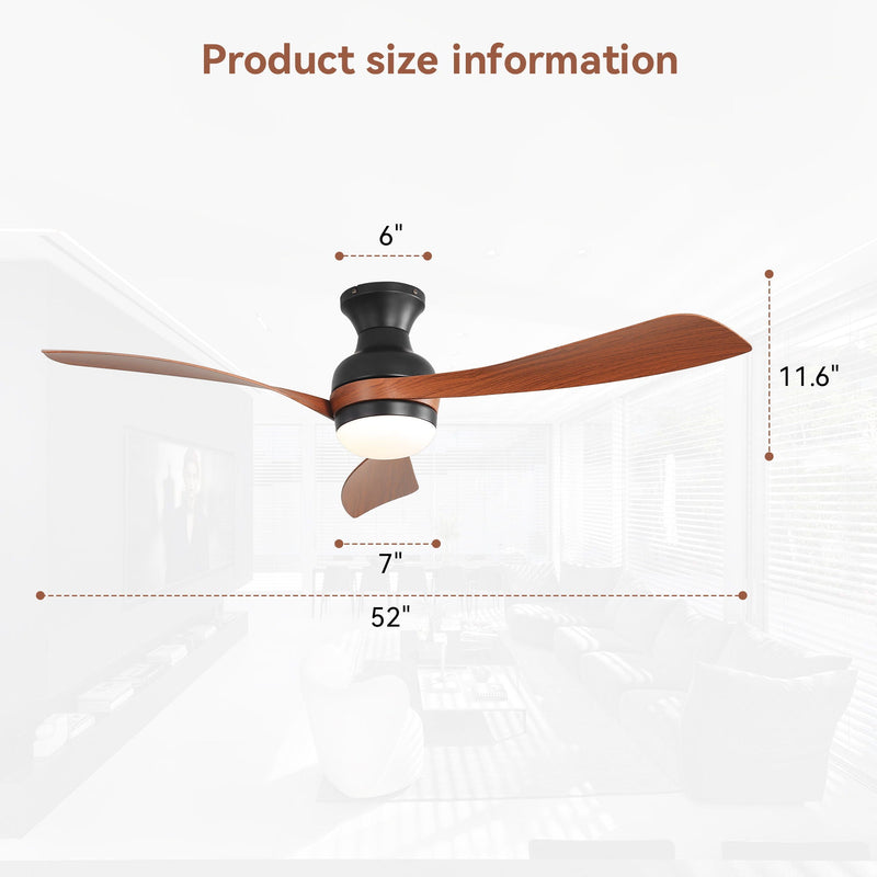 Ceiling Fan With Remote Controlled LED Light, 3 Blades, Reversible DC Motor, 6 Speeds, Dimmable, Flush Mount - Black