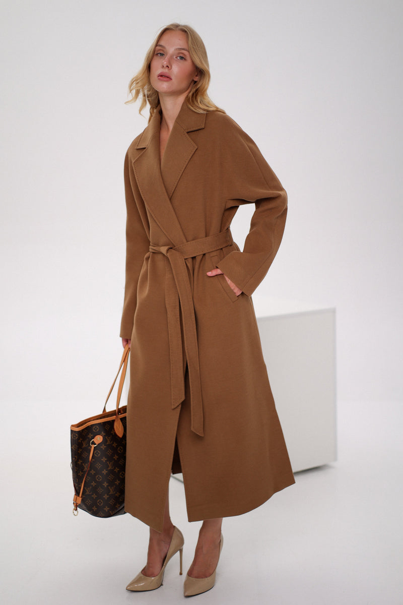 Cambridge Comfort Wraparound Wool Cashmere Coat in Dark Camel