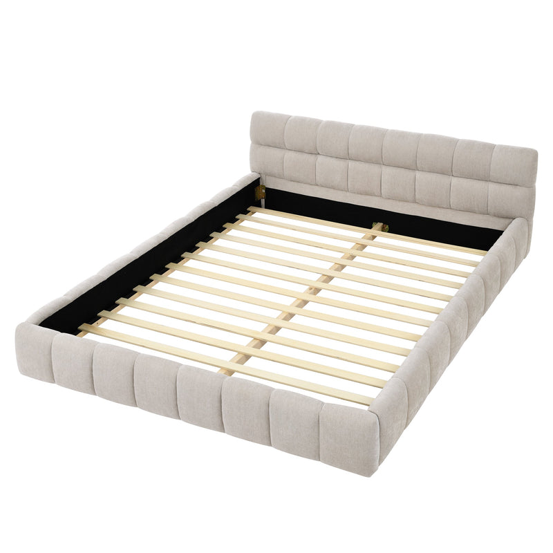 Modern Queen Size Upholstered Bed Frame with Headboard, Thick Chenille Fabric, Beige