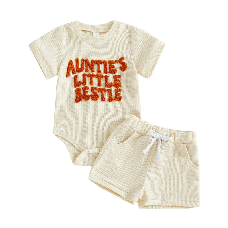 Baby Boy Romper Waffle-Weave Towel Embroidered Letter Top And Shorts