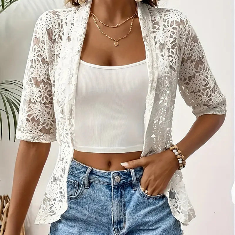 Women's Floral Lace 3 4 Sleeve Bolero Shrugs Sheer Open Front Cardigan Blazer