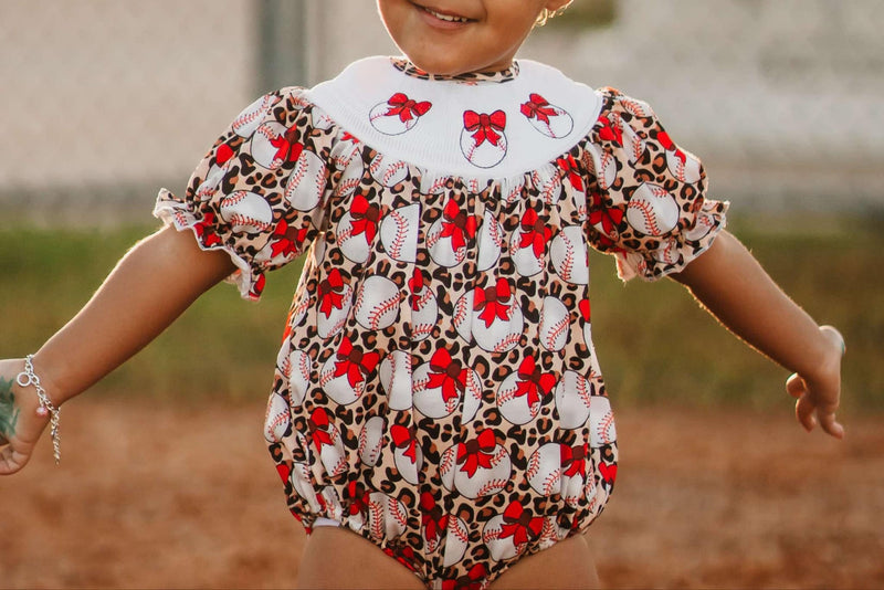 Smocked leopard baseball romper