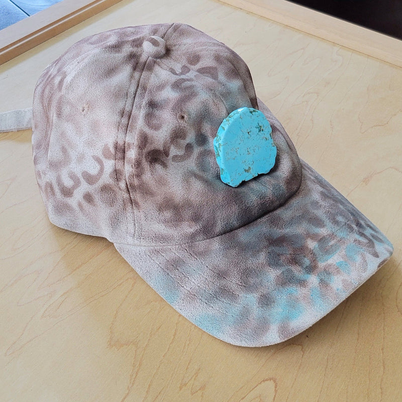 Hand-Painted Leopard Suede Baseball Cap w/ Turquoise-Ivory 986m