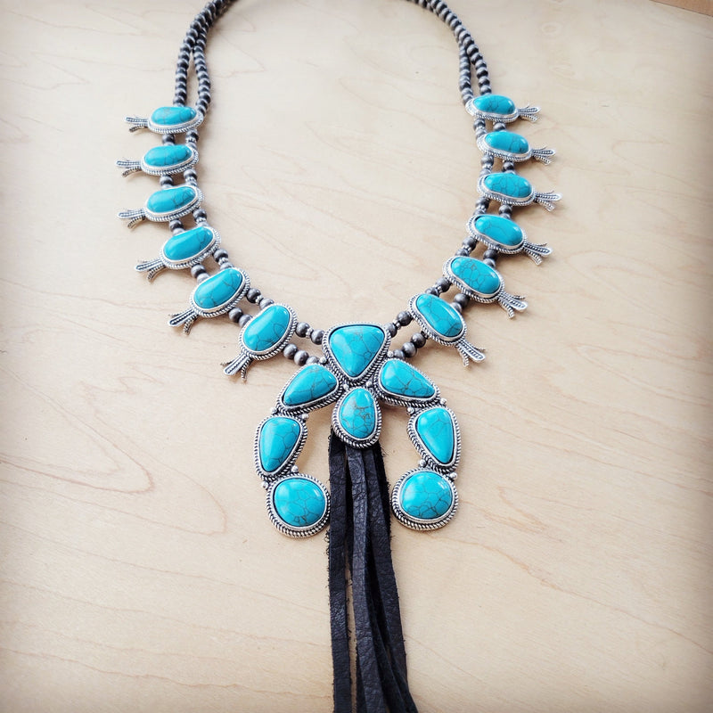 Turquoise Squash Blossom Necklace w/ Long Black Tassel 262b