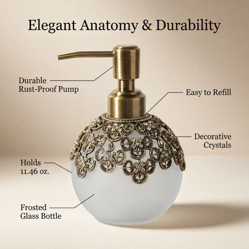 Soap Dispenser – Elegant Frosted Glass, Pewter & Rhinestone Decorative Pump