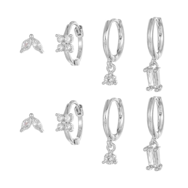 Stacking 4 Pieces Geometric Zircon Stud Earring Set, 18k Gold Plated Ear Studs and Drops, Trendy Sweet Cool Earrings, S925 Needle, Stacked Lobe Designs with Dazzling Zirconia
