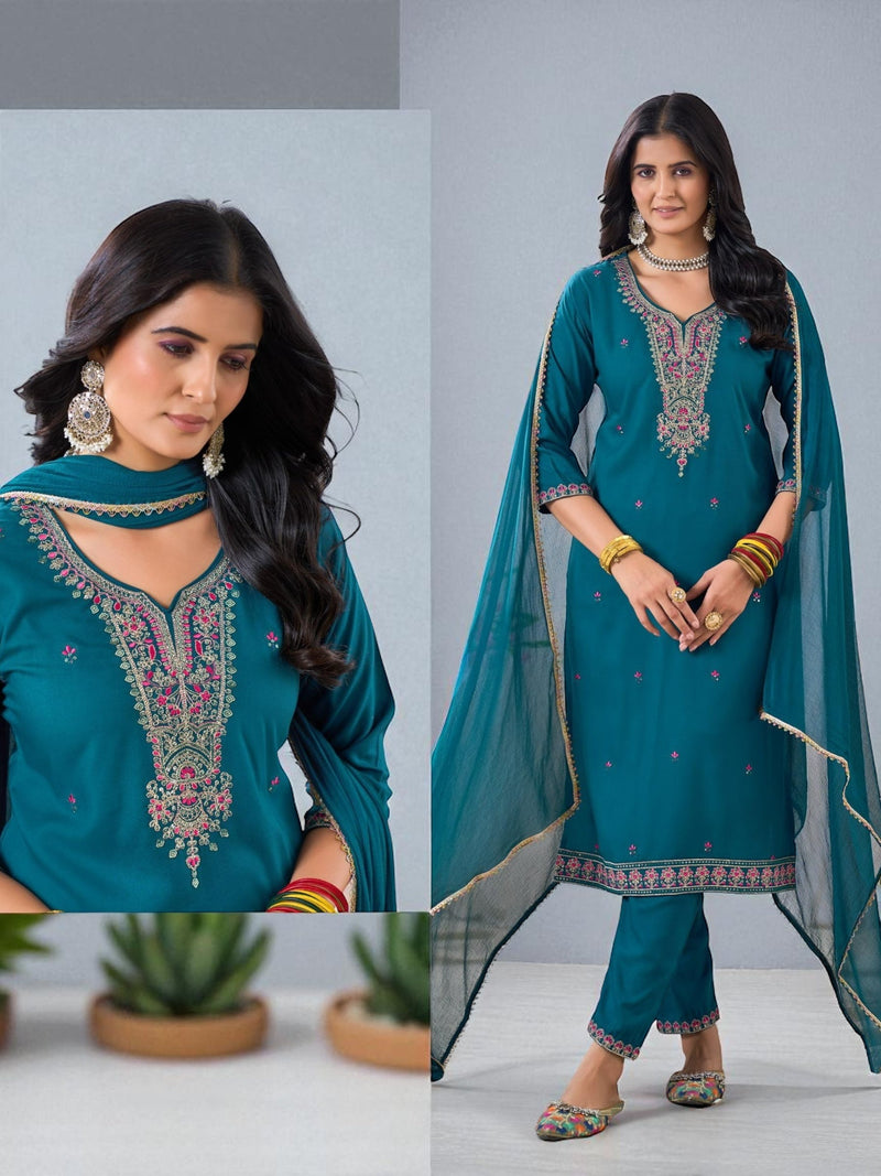Rayon Kurti pant set with chiffon dupatta