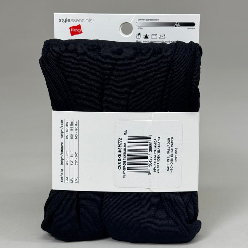 HANES (3 PACK) Style Silky Opaque Tights Non-Control Top Women's M/L Black 639772