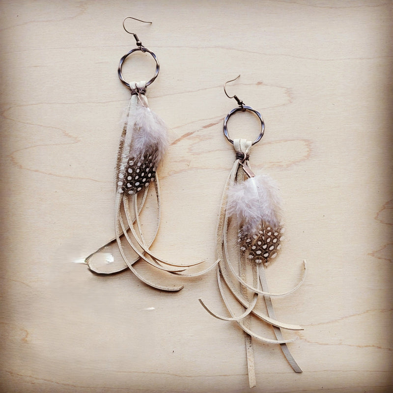 Boho Bone Deer Skin Leather Tassel Earring-Spotted Feather 217d
