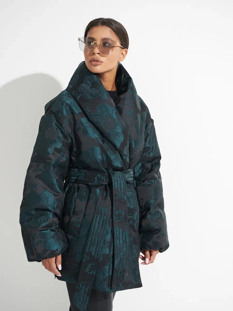 Monochrome Jacquard Down Coat in Vintage Emerald