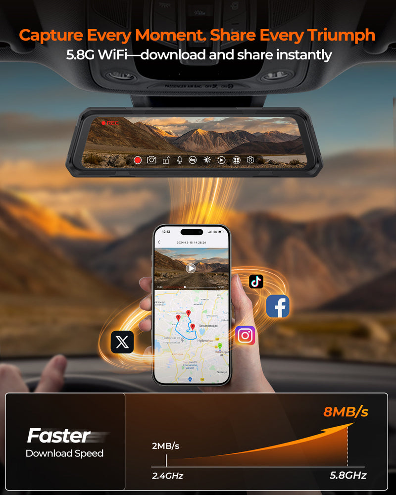 The Legend 4CH Waterproof Mirror Dash Cam, 1080P 4-Cam