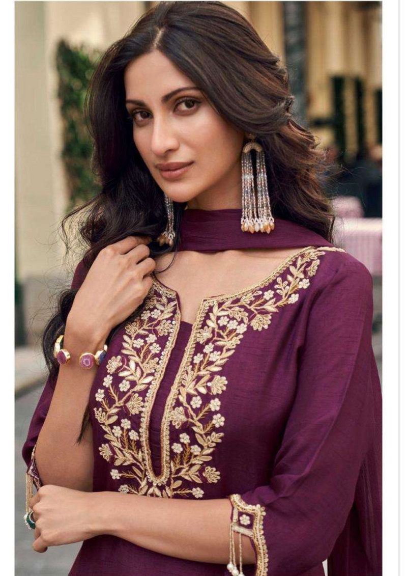 Wine Color Hand Embroidered Kurta and Palazzo Set with Dupatta