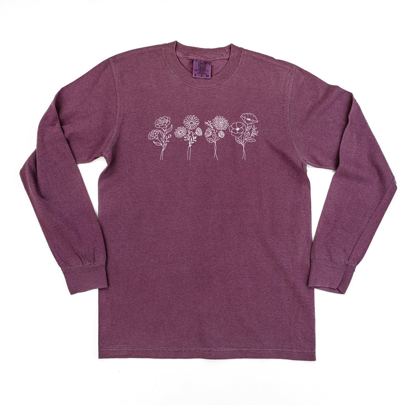 Embroidered Long Sleeve Comfort Colors Tee - 4 Birth Flower w/ White Thread (center)