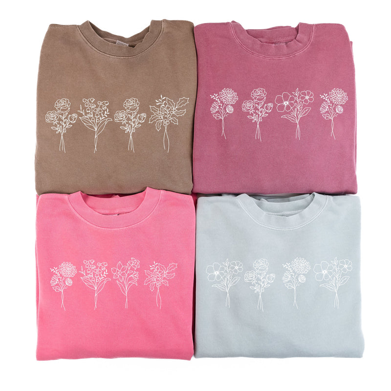 Embroidered PIGMENT Crewneck - 4 Birth Flower w/ White Thread (center)