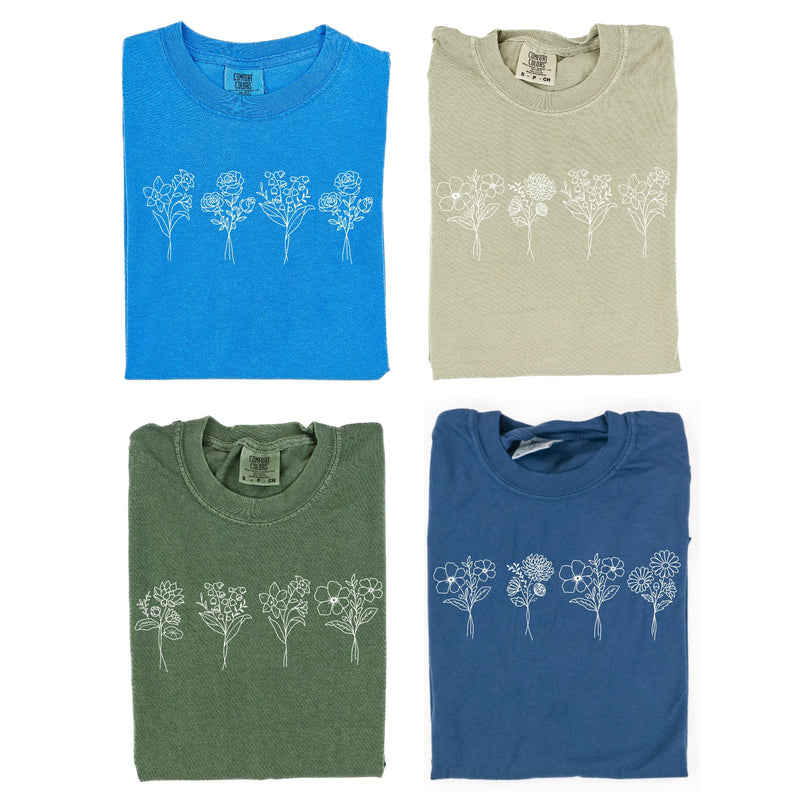 Embroidered Comfort Colors Tee - 4 Birth Flower w/ White Thread (center)