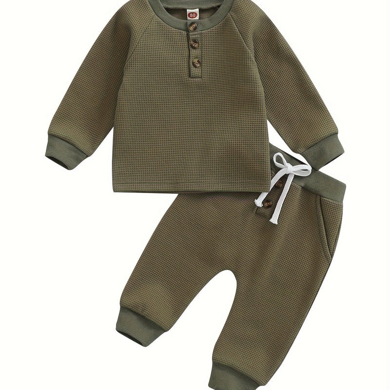 Toddler Thicken Waffle Clothes Set Boy Girls Buttons Round